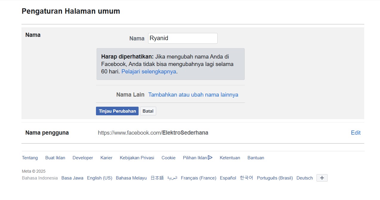 Akun halaman facebook kini sudah tidak bisa mengganti Nama